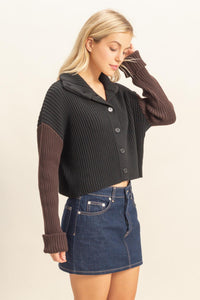 WOMEN'S LONG SLEEVE BUTTON UP TURTLE NECK RIBBED COLORBLOCK SWEATER