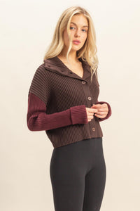 WOMEN'S LONG SLEEVE BUTTON UP TURTLE NECK RIBBED COLORBLOCK SWEATER