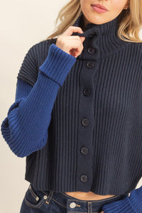 WOMEN'S LONG SLEEVE BUTTON UP TURTLE NECK RIBBED COLORBLOCK SWEATER
