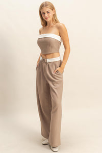 WOMEN'S SLEEVELESS CROP TOP & BUTTON CLOSURE WIDE LEG PANTS 2PC.SET