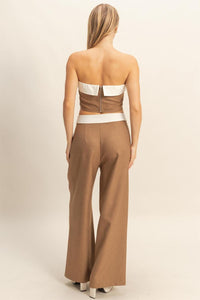 WOMEN'S SLEEVELESS CROP TOP & BUTTON CLOSURE WIDE LEG PANTS 2PC.SET