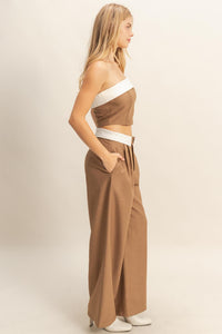 WOMEN'S SLEEVELESS CROP TOP & BUTTON CLOSURE WIDE LEG PANTS 2PC.SET