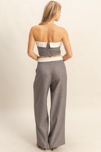 WOMEN'S SLEEVELESS CROP TOP & BUTTON CLOSURE WIDE LEG PANTS 2PC.SET