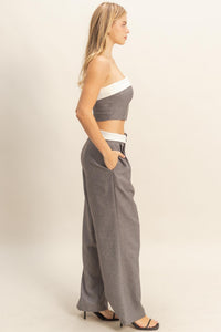 WOMEN'S SLEEVELESS CROP TOP & BUTTON CLOSURE WIDE LEG PANTS 2PC.SET