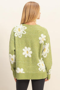 WOMEN'S LONG SLEEVE BUTTON UP V-NECK FLORAL COLORBLOCK FUZZY SWEATER