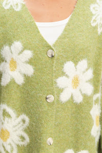 WOMEN'S LONG SLEEVE BUTTON UP V-NECK FLORAL COLORBLOCK FUZZY SWEATER