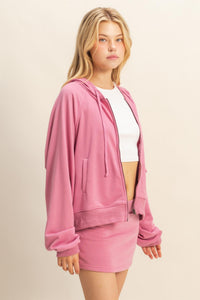 WOMEN'S LONG SLEEVE ZIP UP HOODED SWEATER & ELASTIC WAIST MINI SKORTS 2PC. SET