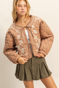 WOMEN'S LONG SLEEVE FRONT TIE QUILTED FLORAL EMBROIDERY JACKET