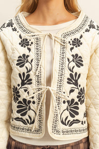 WOMEN'S LONG SLEEVE FRONT TIE QUILTED FLORAL EMBROIDERY JACKET
