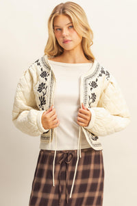 WOMEN'S LONG SLEEVE FRONT TIE QUILTED FLORAL EMBROIDERY JACKET