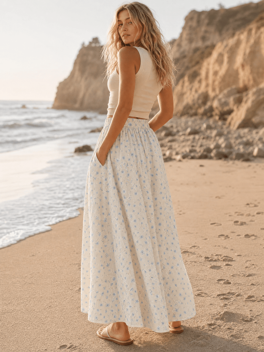 WOMEN'S ELASTIC WAIST ZIP UP FRONT POCKETS FLORAL PRINT STITCHED MAXI SKIRT