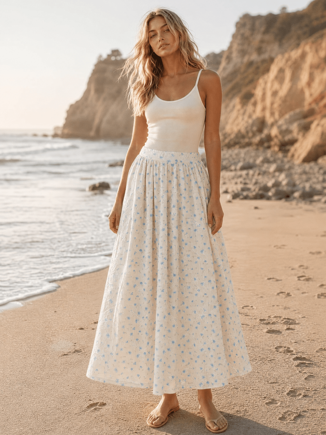 WOMEN'S ELASTIC WAIST ZIP UP FRONT POCKETS FLORAL PRINT STITCHED MAXI SKIRT