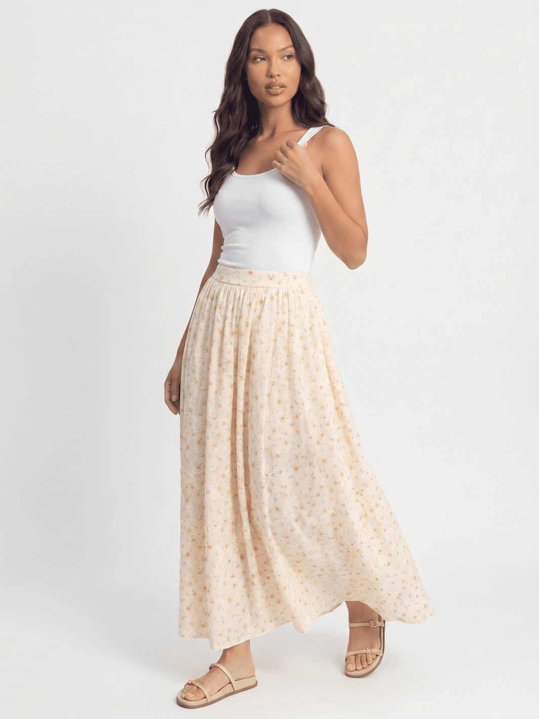 WOMEN'S ELASTIC WAIST ZIP UP FRONT POCKETS FLORAL PRINT STITCHED MAXI SKIRT