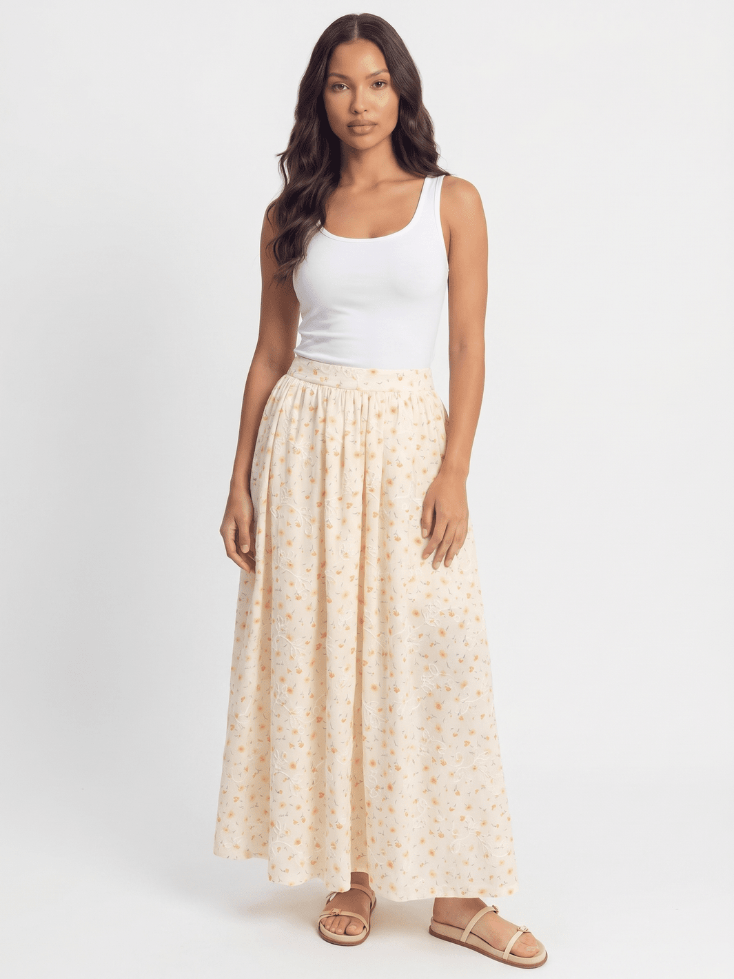 WOMEN'S ELASTIC WAIST ZIP UP FRONT POCKETS FLORAL PRINT STITCHED MAXI SKIRT