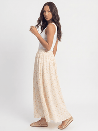 WOMEN'S ELASTIC WAIST ZIP UP FRONT POCKETS FLORAL PRINT STITCHED MAXI SKIRT