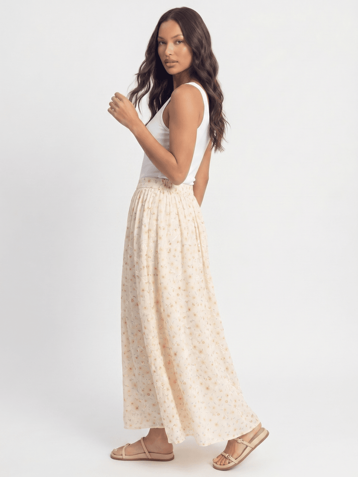 WOMEN'S ELASTIC WAIST ZIP UP FRONT POCKETS FLORAL PRINT STITCHED MAXI SKIRT