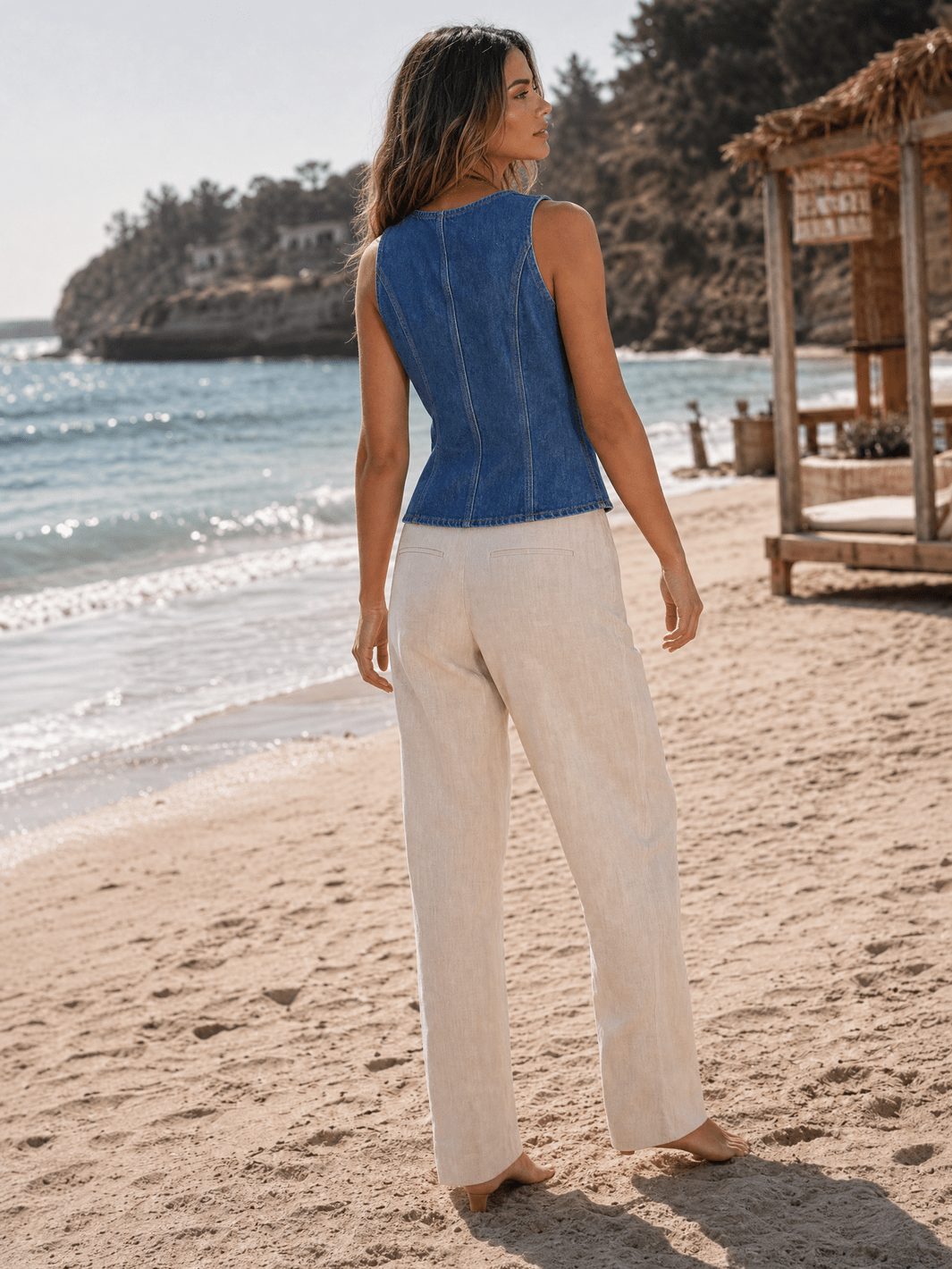WOMEN'S SLEEVELESS V-NECK BUTTON UP DENIM TOP