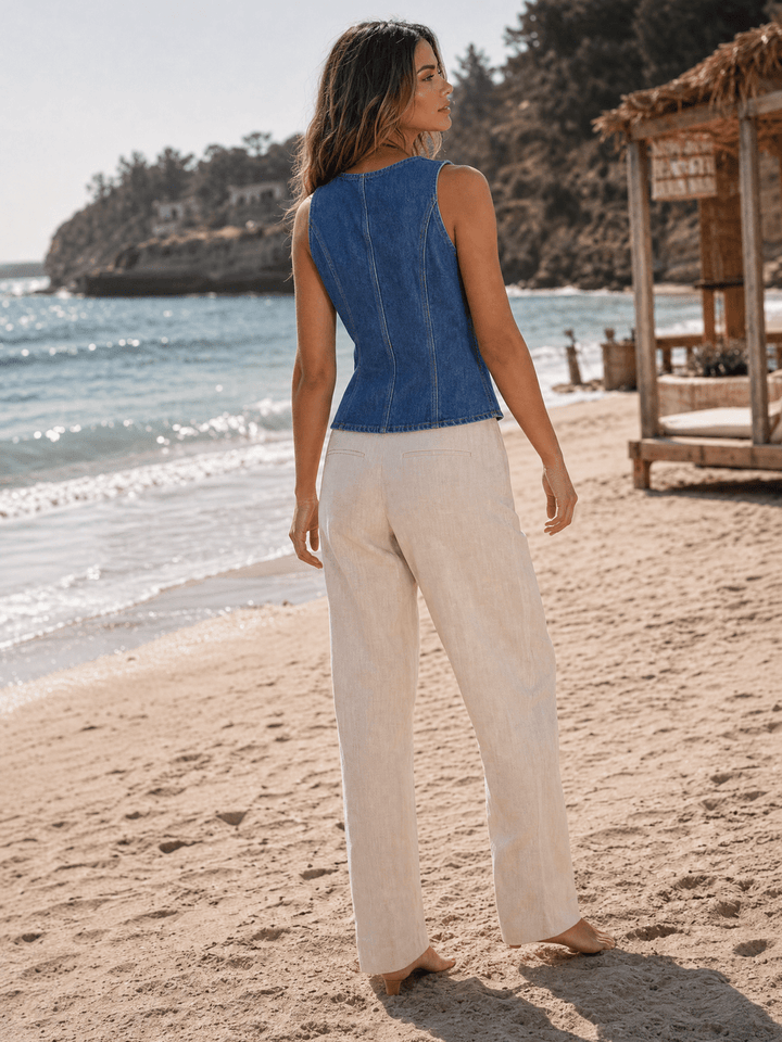 WOMEN'S SLEEVELESS V-NECK BUTTON UP DENIM TOP
