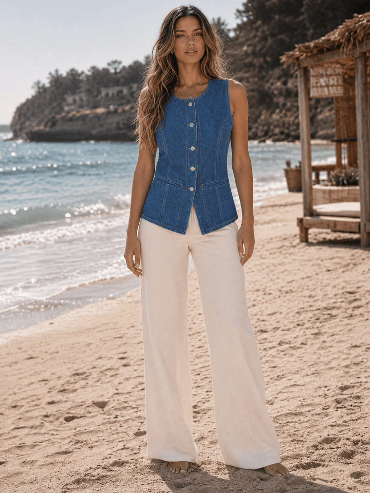 WOMEN'S SLEEVELESS V-NECK BUTTON UP DENIM TOP