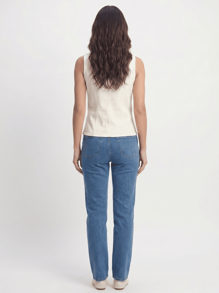 WOMEN'S SLEEVELESS V-NECK BUTTON UP DENIM TOP