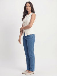 WOMEN'S SLEEVELESS V-NECK BUTTON UP DENIM TOP