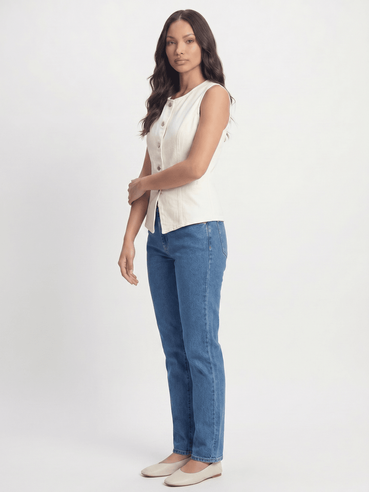 WOMEN'S SLEEVELESS V-NECK BUTTON UP DENIM TOP