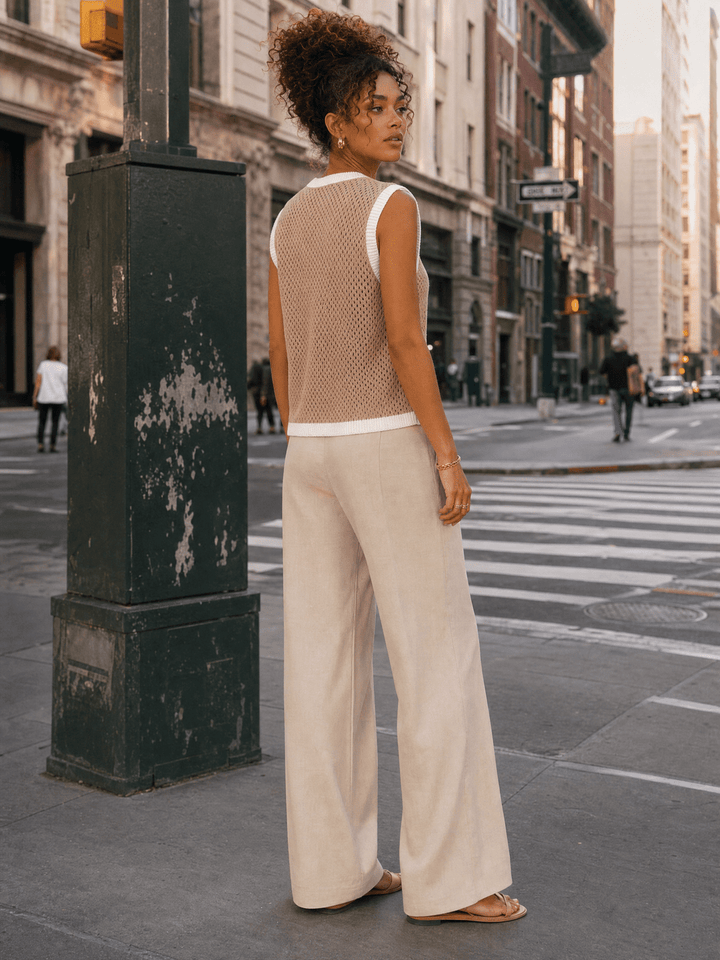 WOMEN'S SLEEVELESS V-NECK FRONT TIE CROCHET TOP
