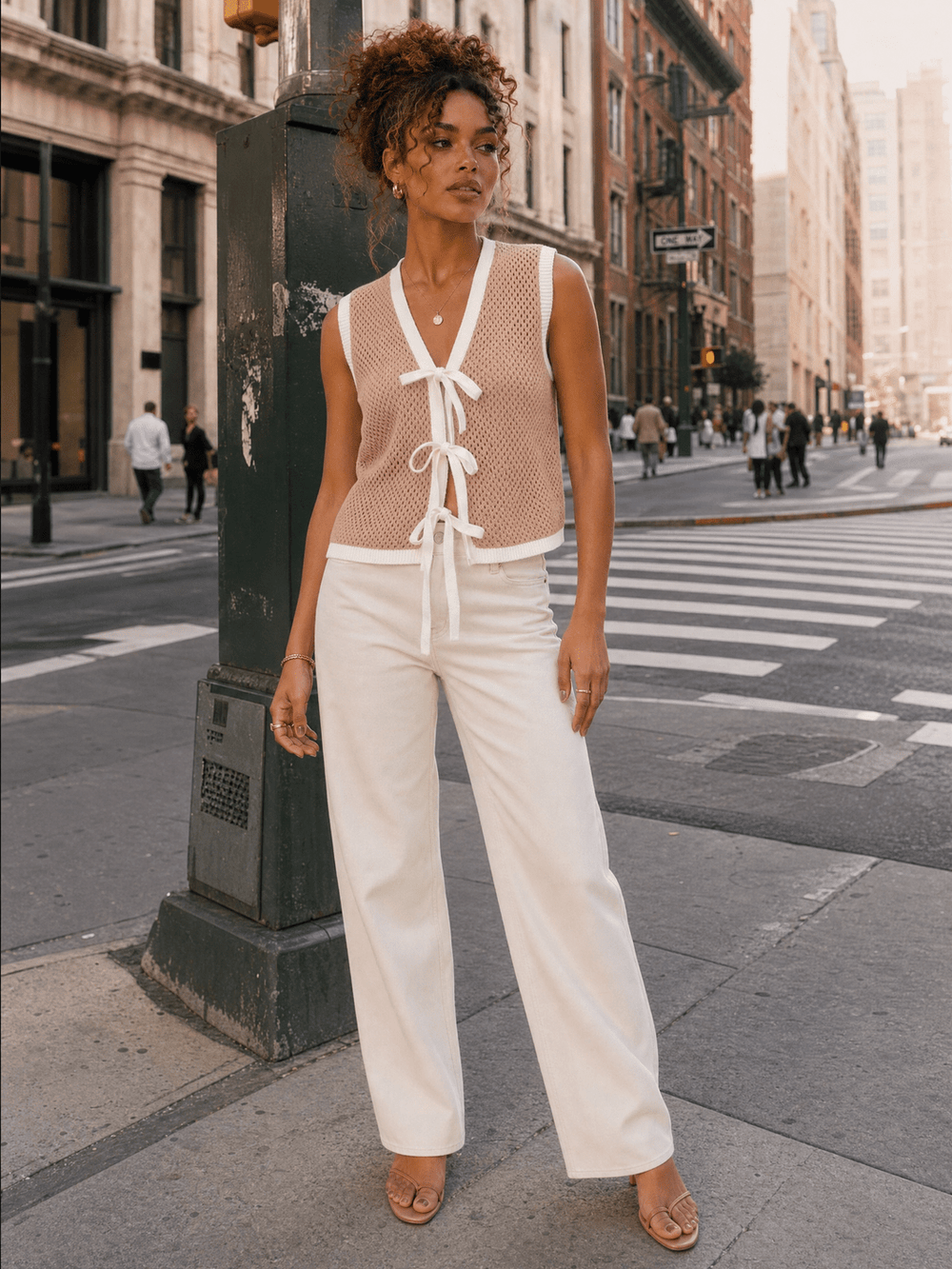 WOMEN'S SLEEVELESS V-NECK FRONT TIE CROCHET TOP