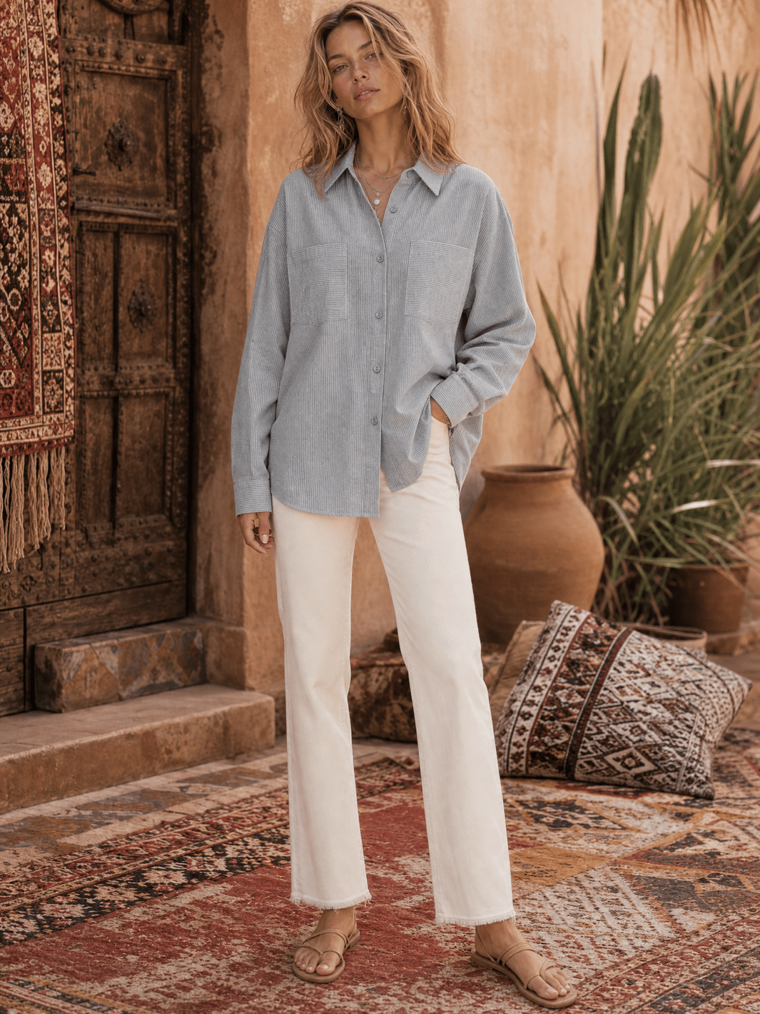********WOMEN'S LONG SLEEVE BUTTON UP FRONT POCKETS STRIPES SHIRT