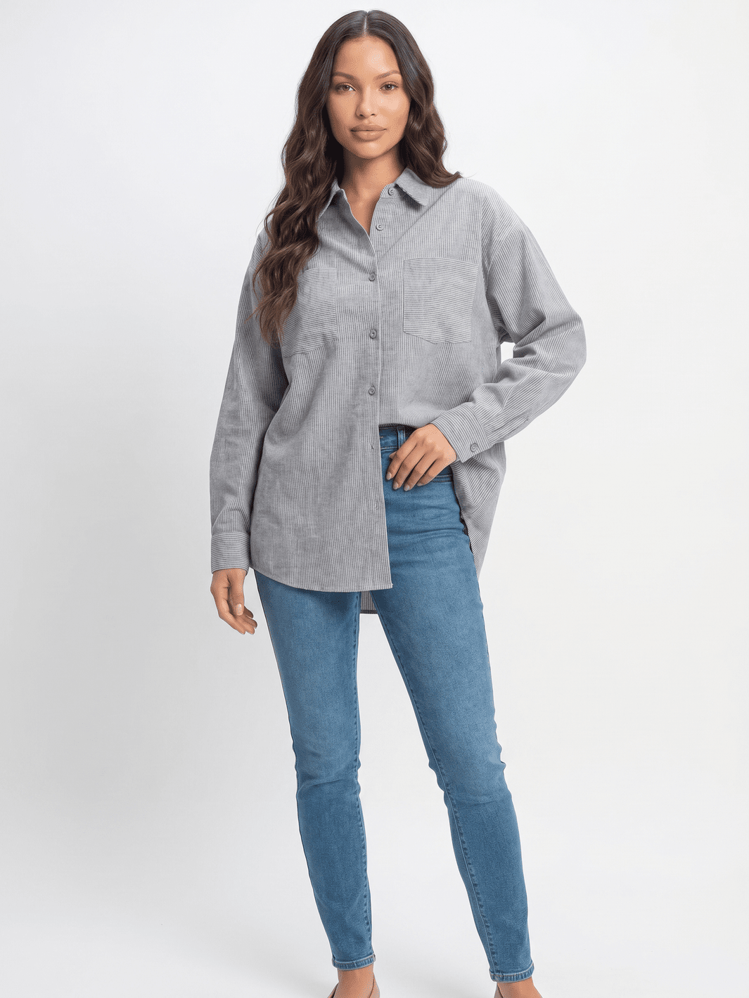 ********WOMEN'S LONG SLEEVE BUTTON UP FRONT POCKETS STRIPES SHIRT