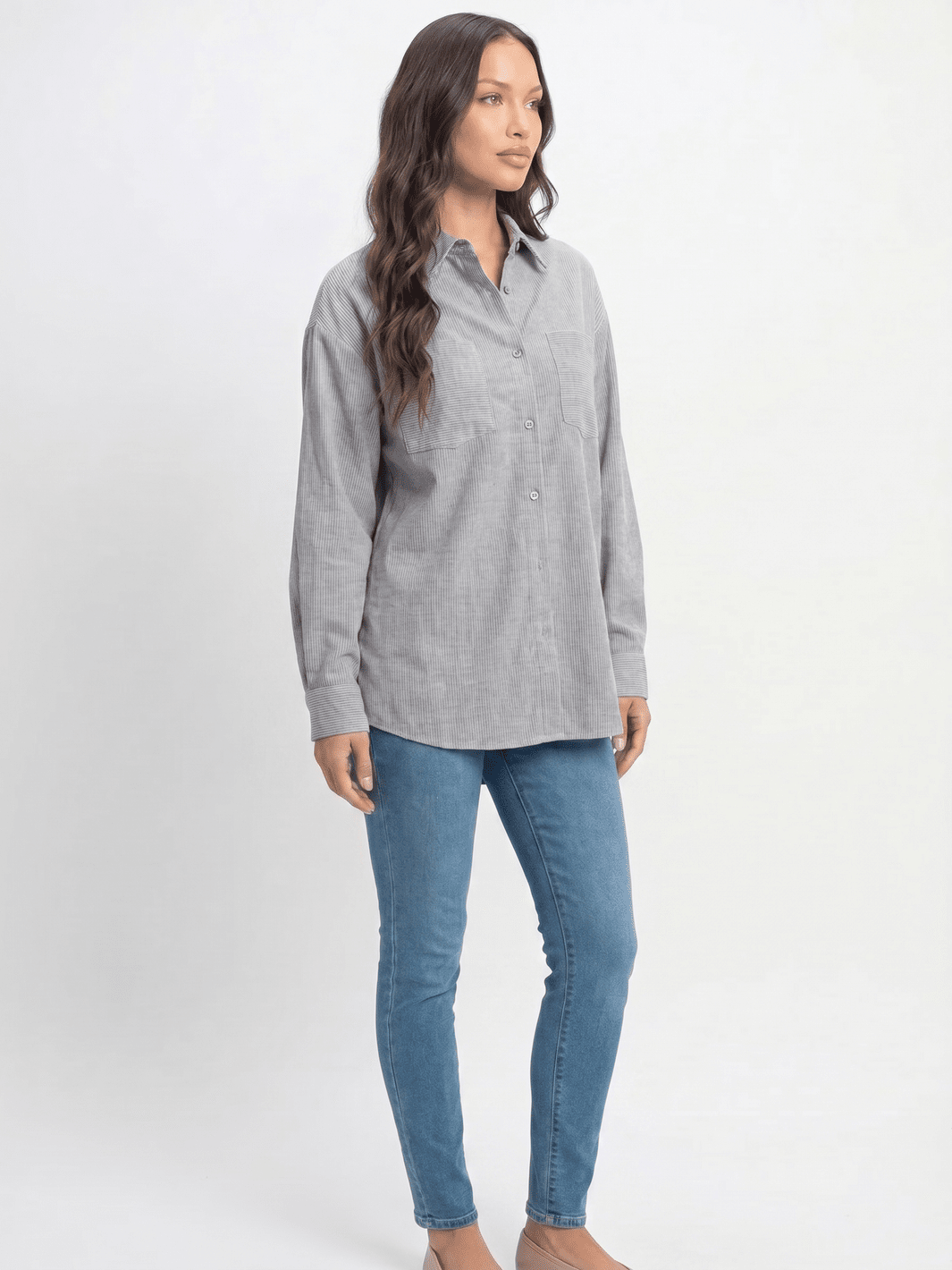********WOMEN'S LONG SLEEVE BUTTON UP FRONT POCKETS STRIPES SHIRT