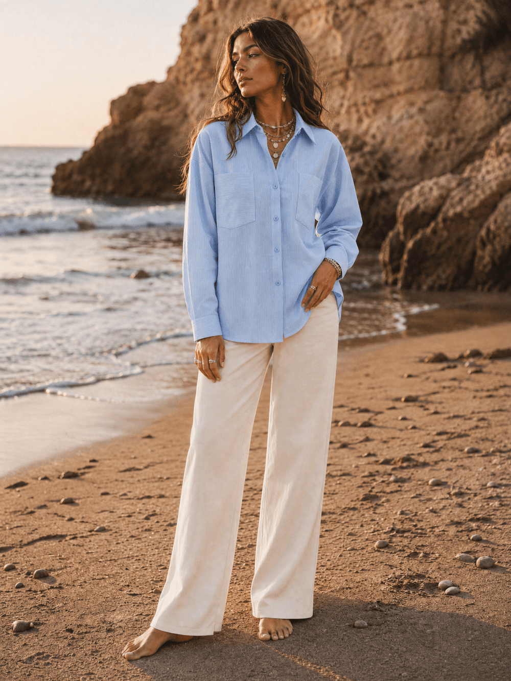 ********WOMEN'S LONG SLEEVE BUTTON UP FRONT POCKETS STRIPES SHIRT