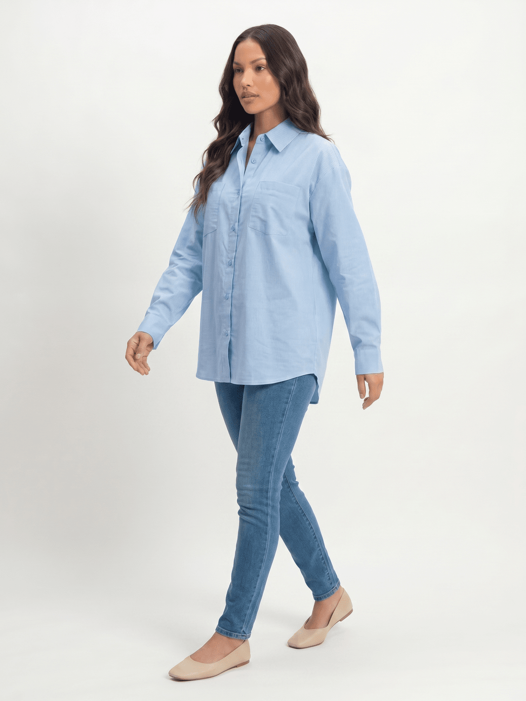 ********WOMEN'S LONG SLEEVE BUTTON UP FRONT POCKETS STRIPES SHIRT