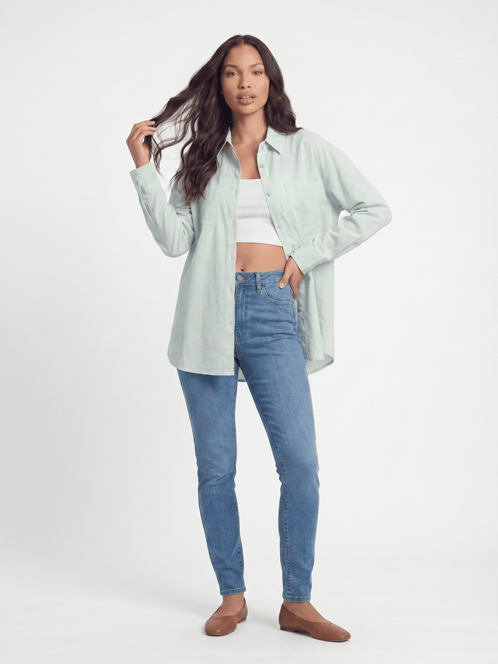 ********WOMEN'S LONG SLEEVE BUTTON UP FRONT POCKETS STRIPES SHIRT