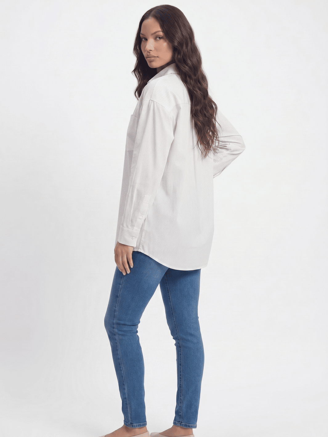 ********WOMEN'S LONG SLEEVE BUTTON UP FRONT POCKETS STRIPES SHIRT