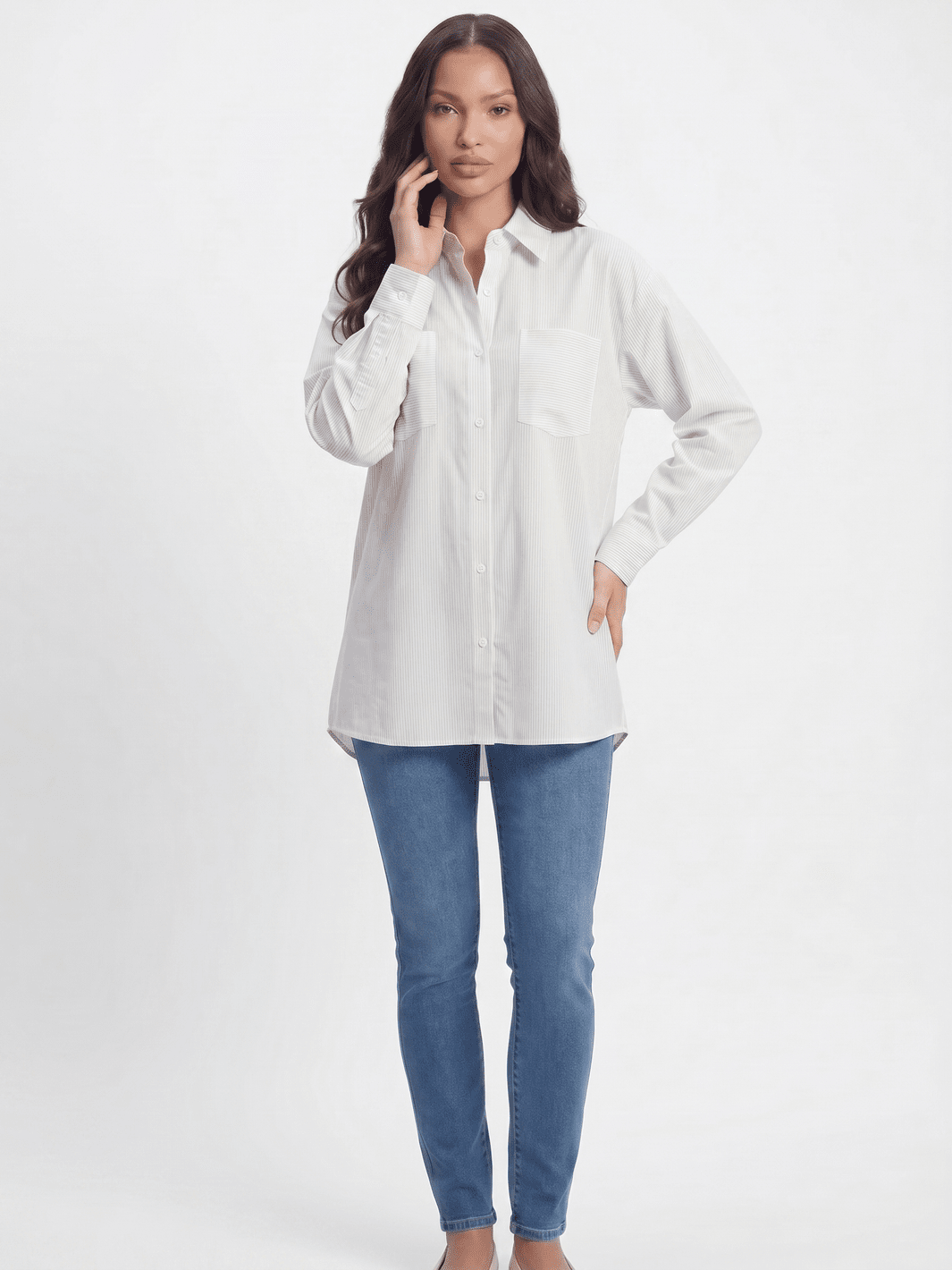 ********WOMEN'S LONG SLEEVE BUTTON UP FRONT POCKETS STRIPES SHIRT
