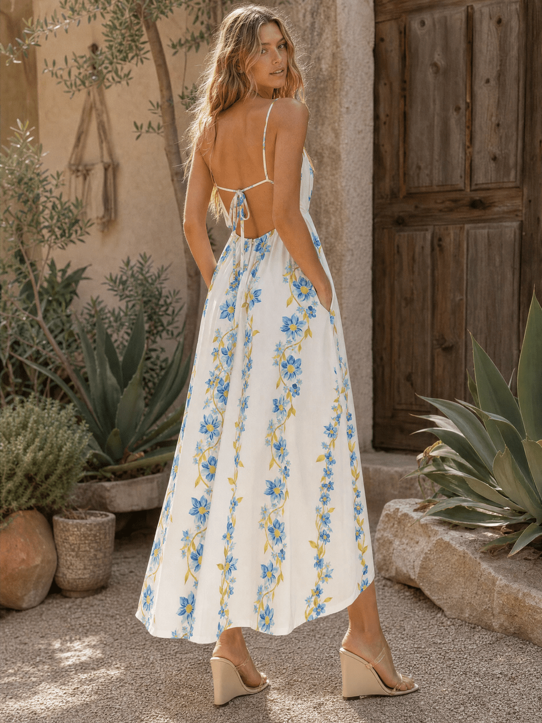 WOMEN'S SLEEVELESS V-NECK OPEN BACK FRONT POCKETS FLORAL PRINT MAXI DRESS