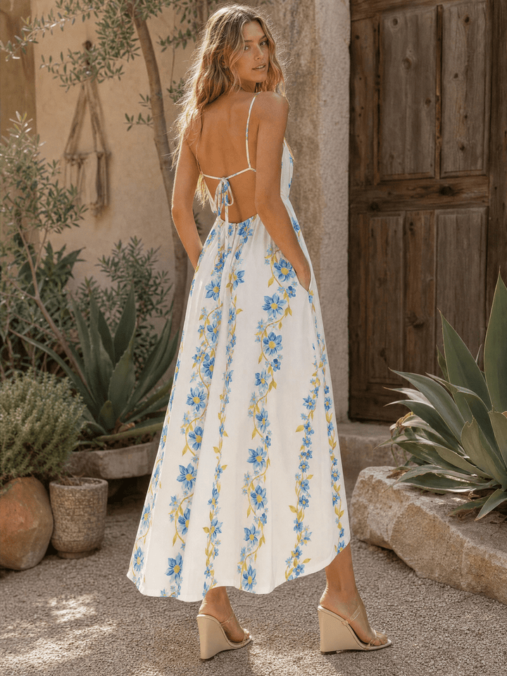 WOMEN'S SLEEVELESS V-NECK OPEN BACK FRONT POCKETS FLORAL PRINT MAXI DRESS