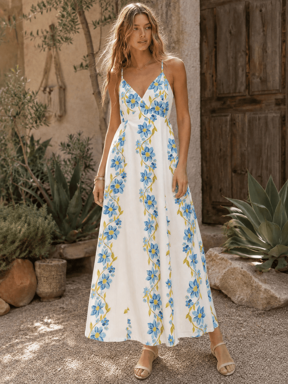 WOMEN'S SLEEVELESS V-NECK OPEN BACK FRONT POCKETS FLORAL PRINT MAXI DRESS