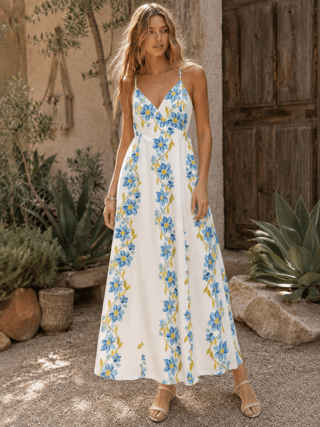 WOMEN'S SLEEVELESS V-NECK OPEN BACK FRONT POCKETS FLORAL PRINT MAXI DRESS