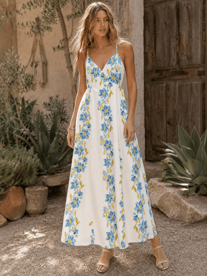 WOMEN'S SLEEVELESS V-NECK OPEN BACK FRONT POCKETS FLORAL PRINT MAXI DRESS