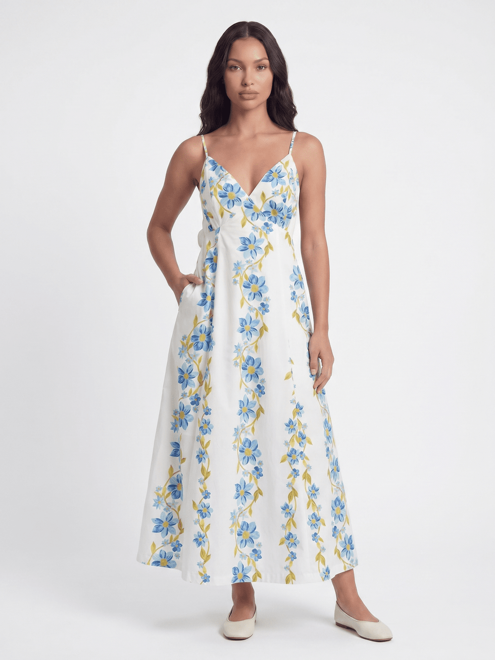 WOMEN'S SLEEVELESS V-NECK OPEN BACK FRONT POCKETS FLORAL PRINT MAXI DRESS