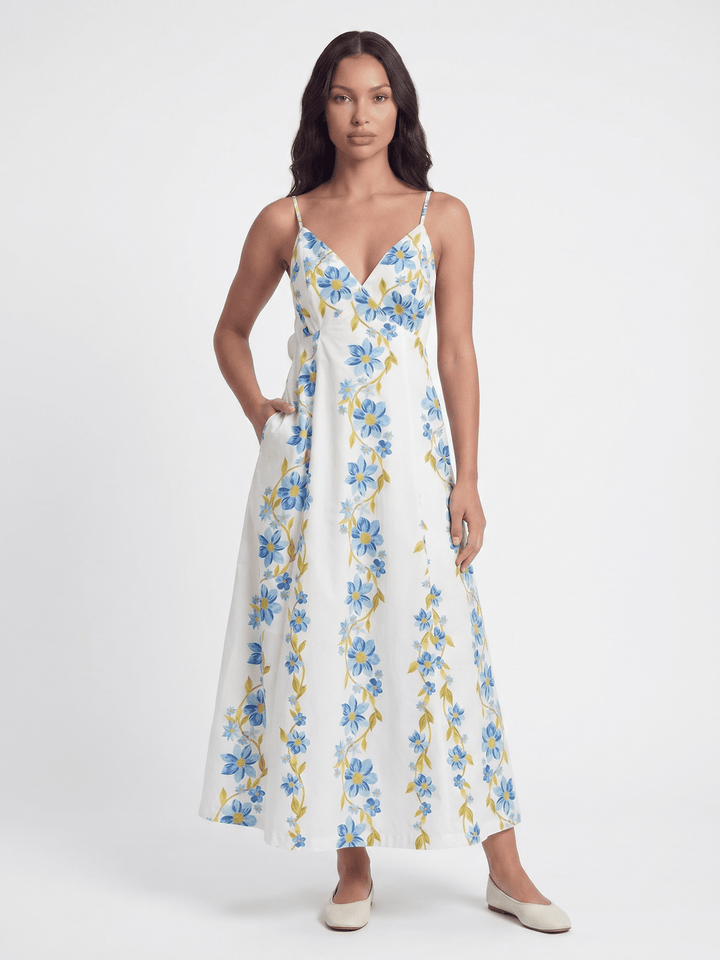 WOMEN'S SLEEVELESS V-NECK OPEN BACK FRONT POCKETS FLORAL PRINT MAXI DRESS