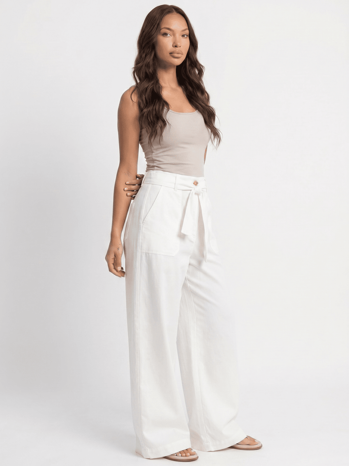 *******WOMEN'S ELASTIC WAIST BUTTON CLOSURE POCKETS WIDE LEG LINEN PANTS