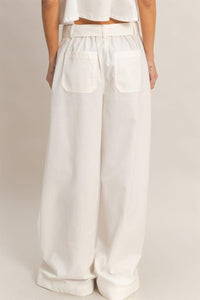 *******WOMEN'S ELASTIC WAIST BUTTON CLOSURE POCKETS WIDE LEG LINEN PANTS