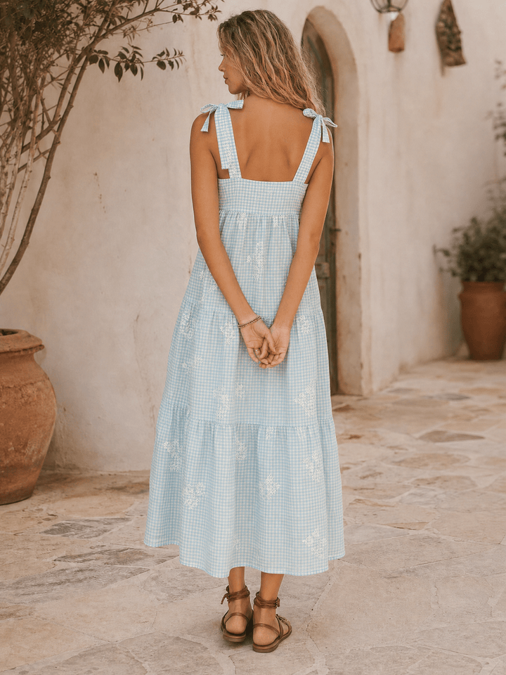 ****************WOMEN'S SLEEVELESS SQUARE NECK EMBROIDERY FLORAL PLAID TIERED MAXI DRESS