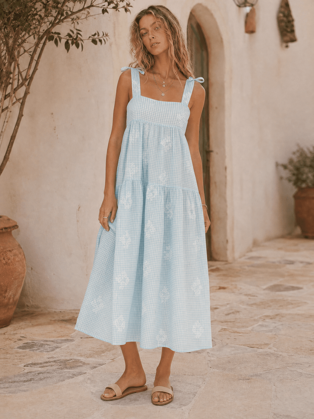 ****************WOMEN'S SLEEVELESS SQUARE NECK EMBROIDERY FLORAL PLAID TIERED MAXI DRESS