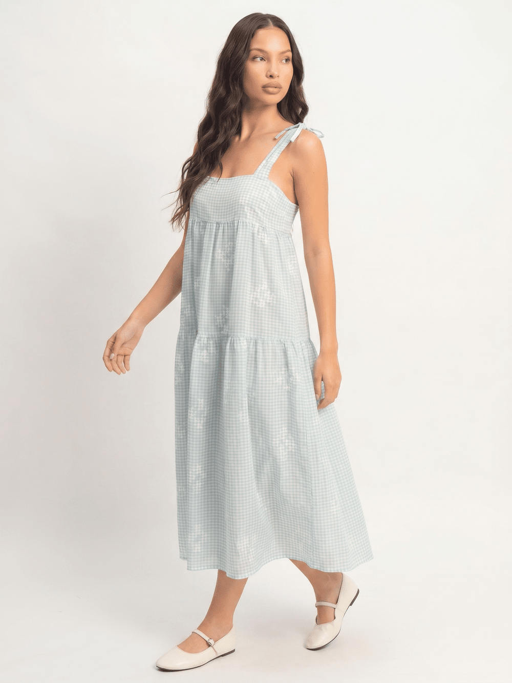 ****************WOMEN'S SLEEVELESS SQUARE NECK EMBROIDERY FLORAL PLAID TIERED MAXI DRESS
