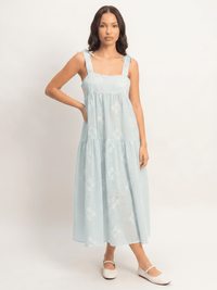 ****************WOMEN'S SLEEVELESS SQUARE NECK EMBROIDERY FLORAL PLAID TIERED MAXI DRESS