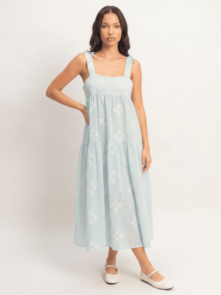 ****************WOMEN'S SLEEVELESS SQUARE NECK EMBROIDERY FLORAL PLAID TIERED MAXI DRESS